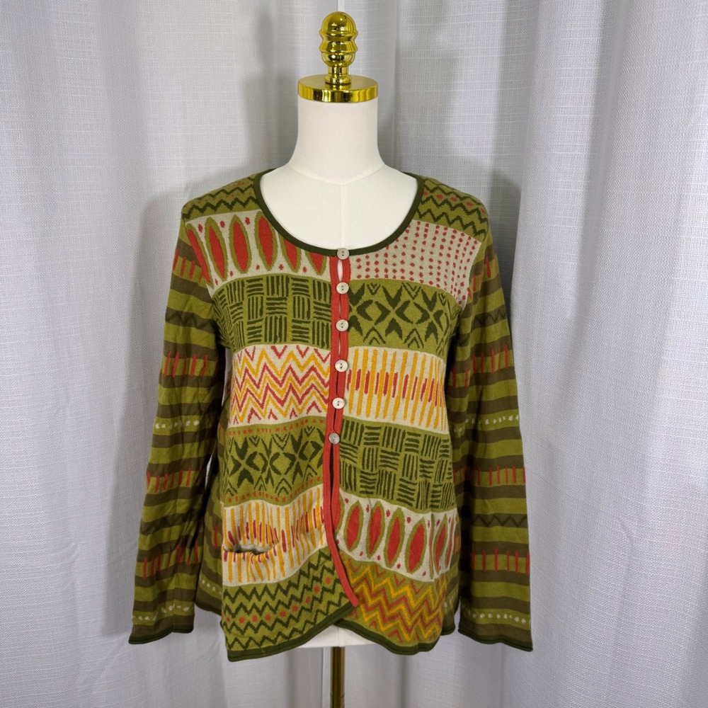 Gudrun Sjoden Organic Cotton Geometric Pattern Cardigan Green Orange W's‎ Medium